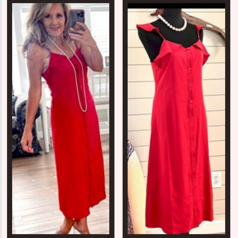 ❤️Lira,Beautiful Red, Button-Front Dress, Adjustable Straps, Excellent Condition
